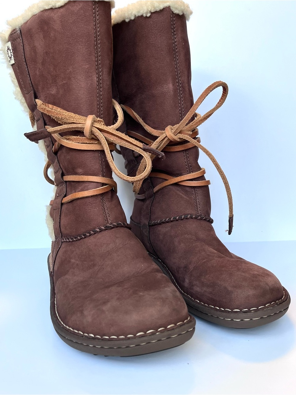 UGG Catalina Tall Brown Leather Shearling Lace Up Winter Boots Women's Size 7